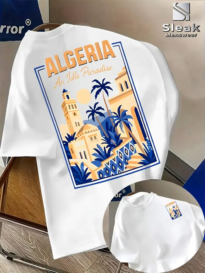 T-shirt d'été pour homme de style maghrébin avec le logo « Algérie » sur un haut à col rond respiran
