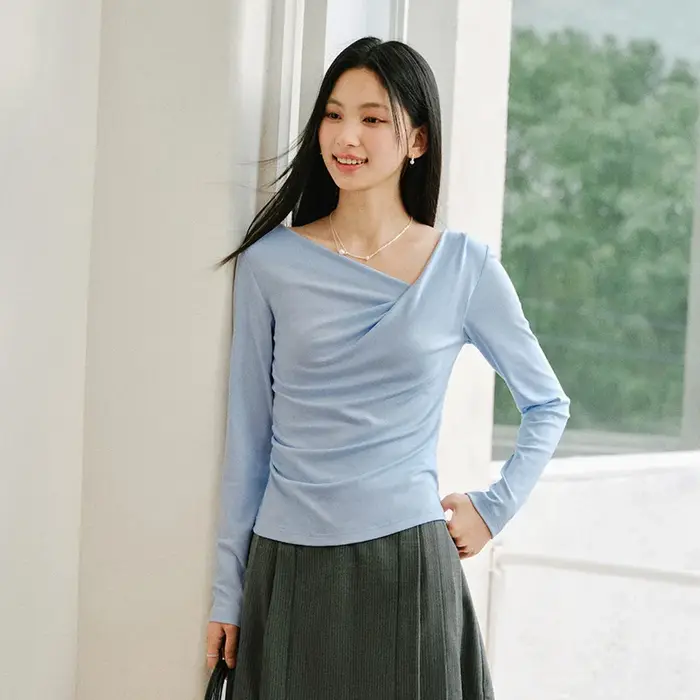 T-shirt Slim Fit Femme Semir Printemps 2026 Col Asymétrique Épaule Oblique Couleur Unie Décontracté 