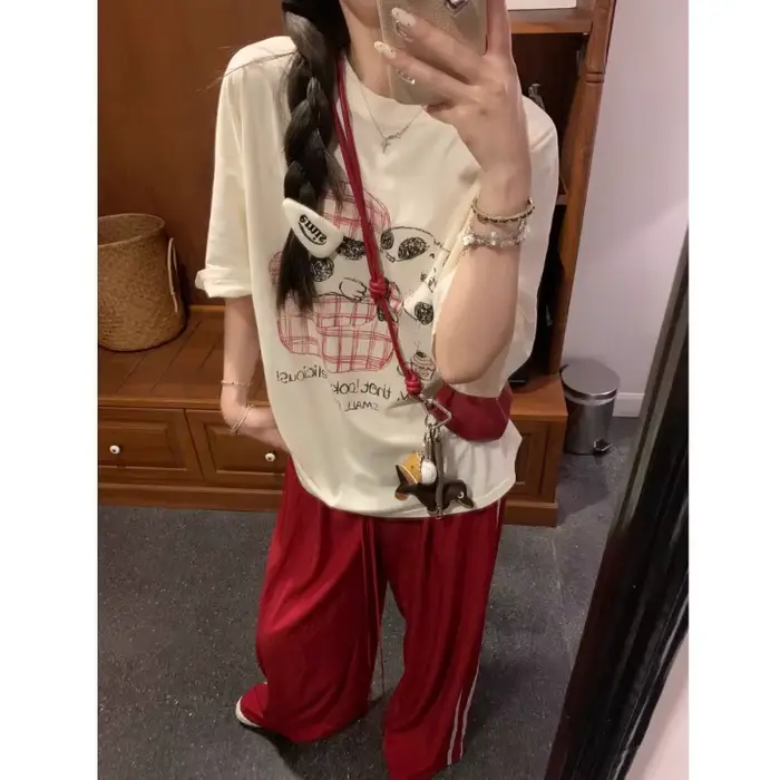 Coréen pas cher décontracté chiens graphique imprimé coton t-shirt femmes hommes rétro Harajuku Hip Hop Streetwear surdimensionné haut ample Tees128