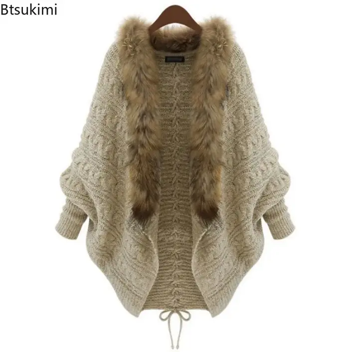 Femmes Cardigan pull épais Poncho Capes automne hiver Femme tricoté manches chauve-souris col de fourrure laine