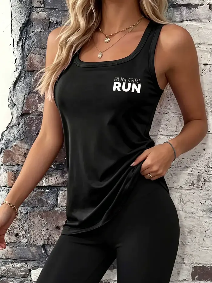 Haut sans manches pour femme avec motif de lettres simple - Haut doux et décontracté à col rond, par