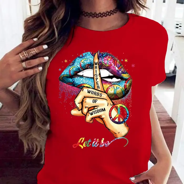 100% coton ample col rond bouche créative à manches courtes T-shirt femme surdimensionné