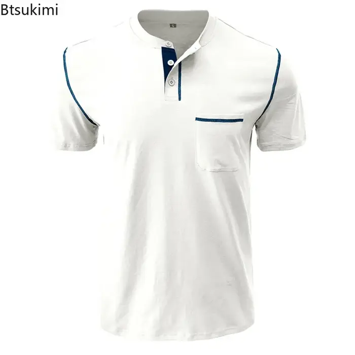 Nouveau Polo de Golf Homme à Col Henry Manches Courtes – T-shirt Décontracté d'Été Respirant avec Poche