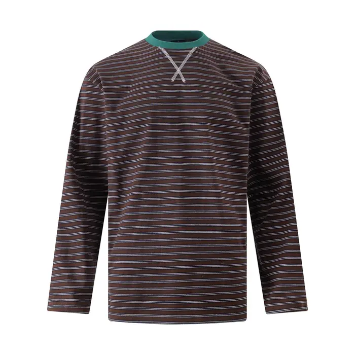 T-shirt à manches longues rayé épissé hommes automne rétro décontracté ample à manches longues col r