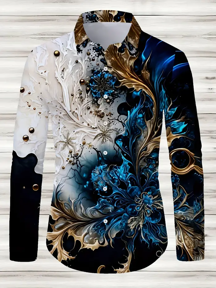 Chemise boutonnée décontractée à motifs géométriques pour hommes – Mélange de polyester, col à rever