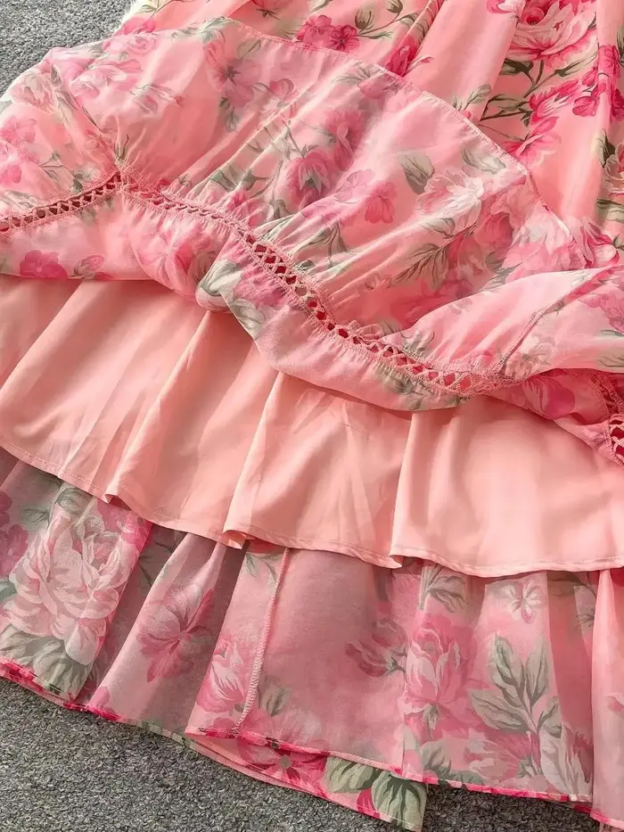 Femmes manches papillon plage Boho volants longues robes vacances d'été dentelle évider épissure magnifique fleur en