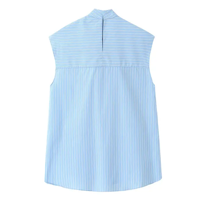 Chemisier Femme Printemps 2026 Nouveau Style Bleu Clair Rayé Sans Manches avec Nœud Décoratif Décontracté Tendance Personnalité