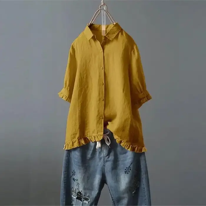 Chemise en coton et lin à manches courtes pour femme