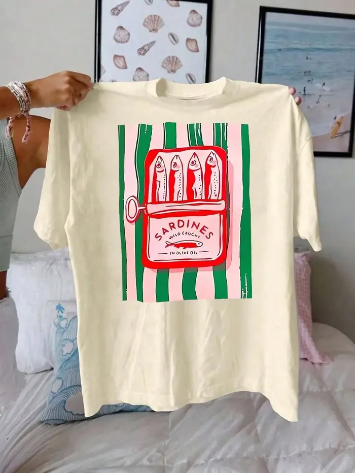 T-Shirt d'été en coton imprimé sardine pour femmes