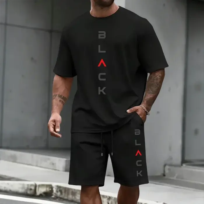 Ensemble T-shirt et short imprimé lettres noires pour homme – Tenue décontractée sportive d'été à manches courtes – Mode urbaine Streetwear