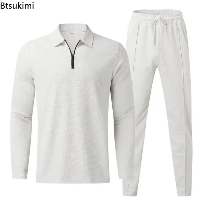 Nouveaux hommes décontracté à manches longues Polo + pantalons de survêtement ensembles de costume solide