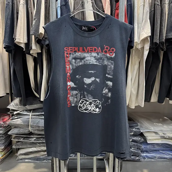 Paly Débardeur Homme Col Rond Vintage Déchiré Lettres Rouges 88 Coton Été Hip Hop Tendance