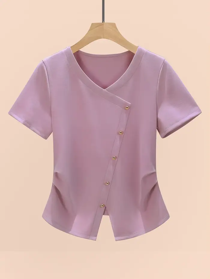 T-Shirt blanc à la taille pour femmes, Style français, col en V, manches courtes, chemisier à la mode, été 2025
