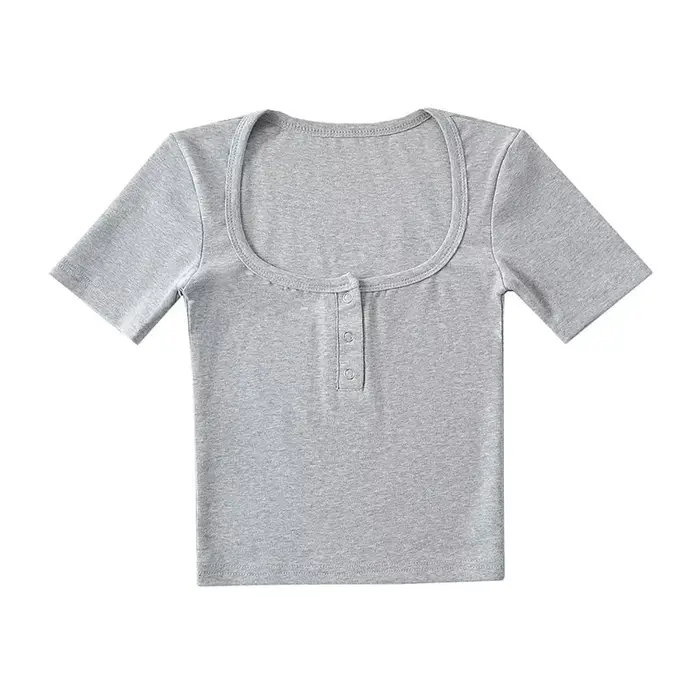 T-shirt court à manches courtes pour femmes, avec boutons sur le devant