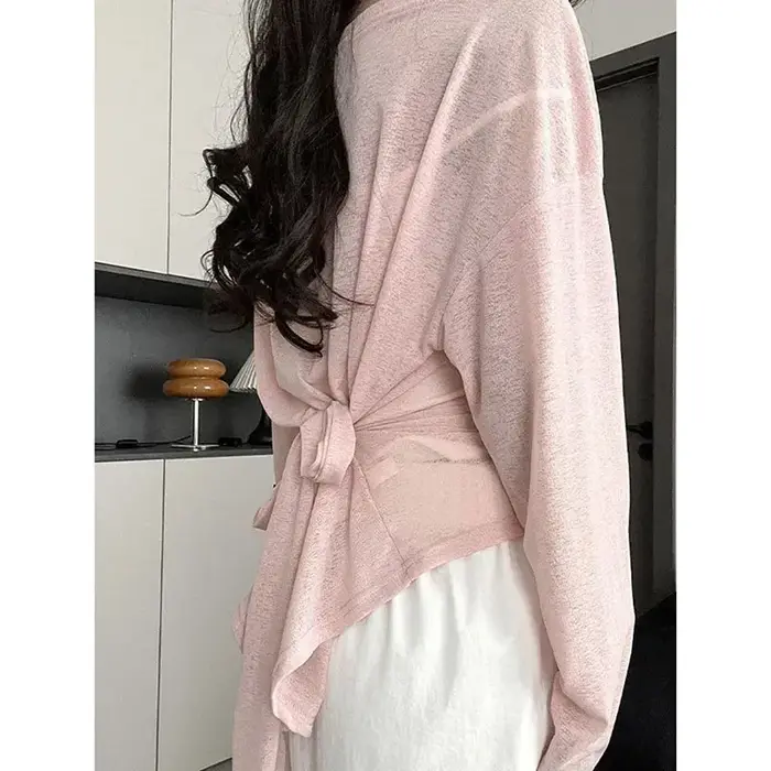 Chemise transparente de protection solaire pour femme, t-shirt d'été fin, respirant, à manches longues, couleur unie, col rond, vêtements basiques