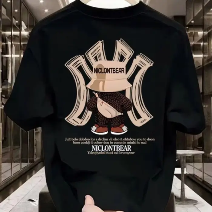 T-shirt graphique à motif d'ours, streetwear, hauts décontractés, 100% coton, t-shirt pour homme, ét