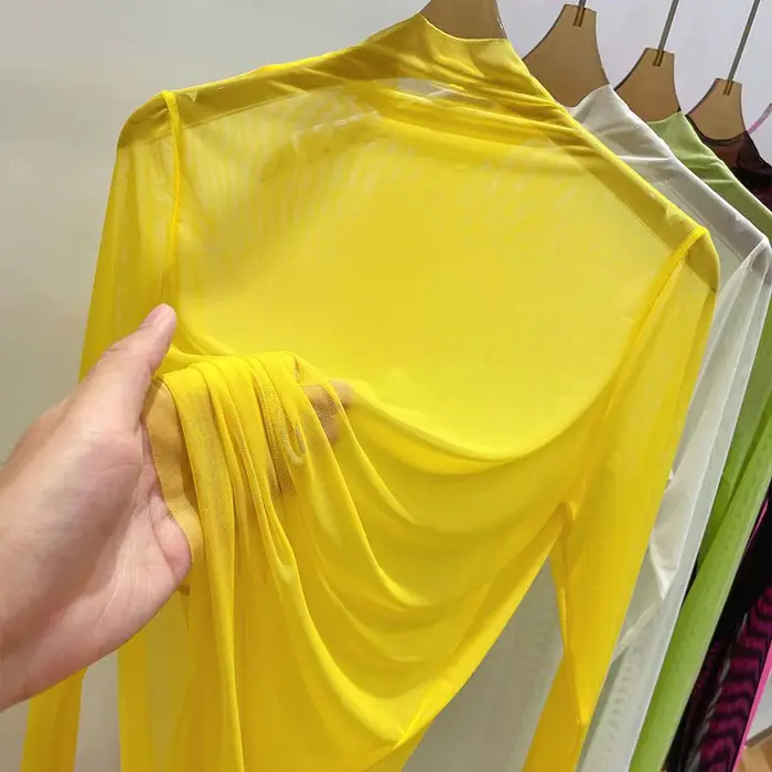 T-shirt transparent en gaze pour femme 2026 – Vêtement d'été à manches longues avec col semi-montant