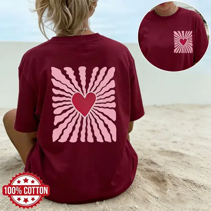 T-shirt en coton pour femme, décontracté, à manches courtes, avec motif en forme de cœur, pour l'été