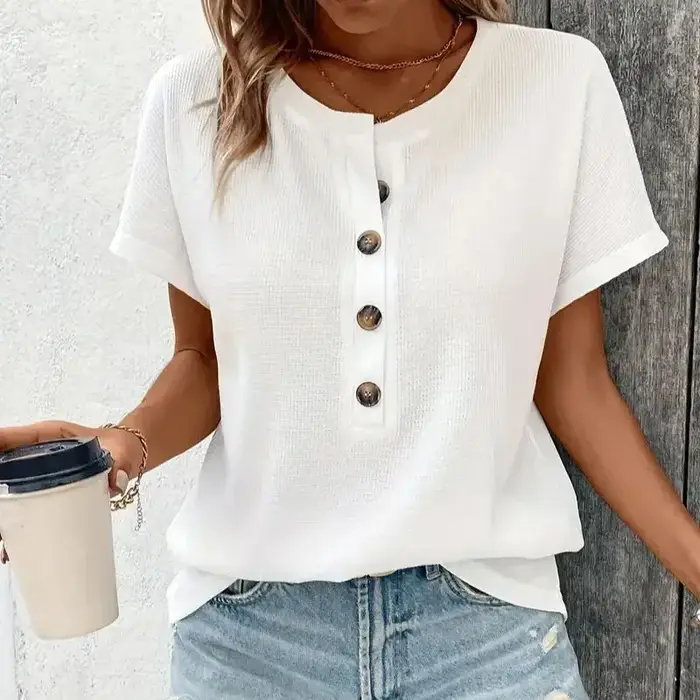 Europe et Amérique grand T-shirt à manches courtes de couleur unie femmes été nouveau col en v ample