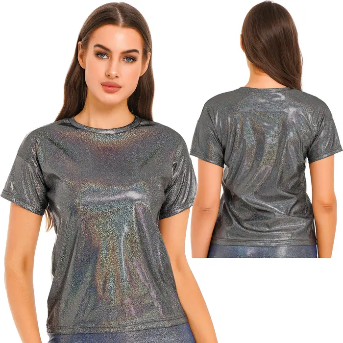 T-Shirt métallique brillant à manches longues pour femmes, à col rond, à la mode, Costume de fête de