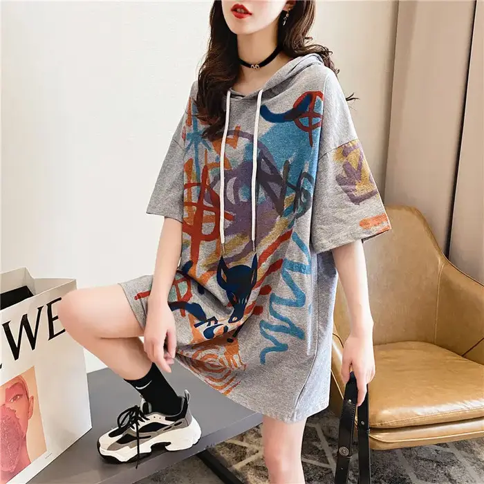 Coréen imprimé ample à capuche T-shirt femme décontracté Streetwear Midi demi manches pulls hauts ét