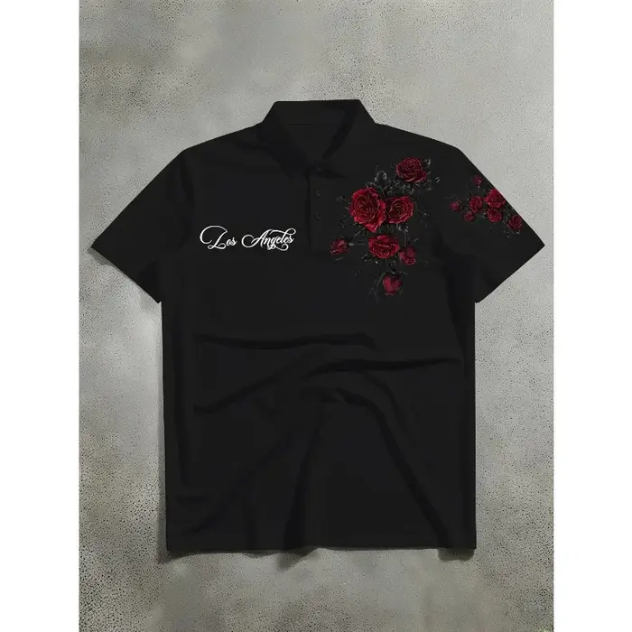 Polo à manches courtes pour homme avec imprimé de roses rouges et de épines, tendance décontractée,