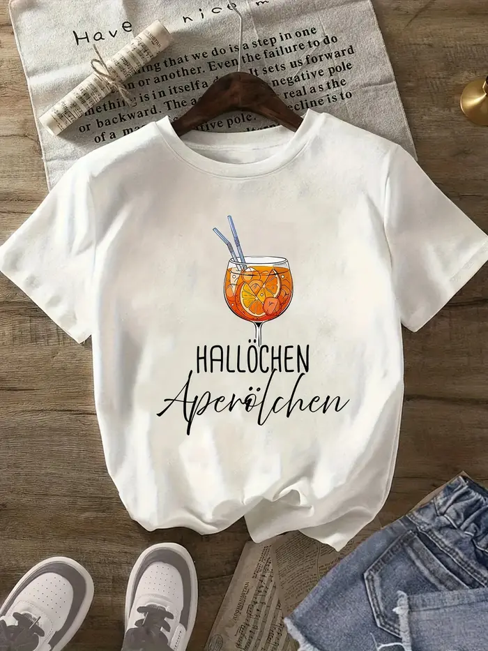 T-shirt à manches pour femmes avec imprimé graphique orange « HALLOCHEN Aperol Spritz » blanc, coupe