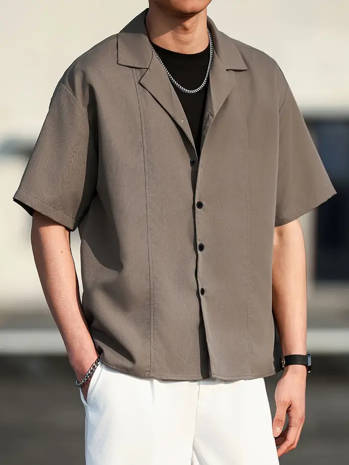 Chemise décontractée à col cubain pour hommes, à manches courtes, couleur unie, coupe ample, boutonn