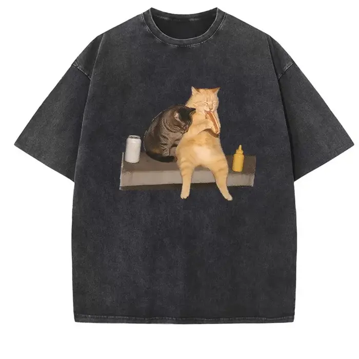 T-shirt amusant vintage délavé avec chat mangeant un hot-dog, confortable, en coton, à manches court