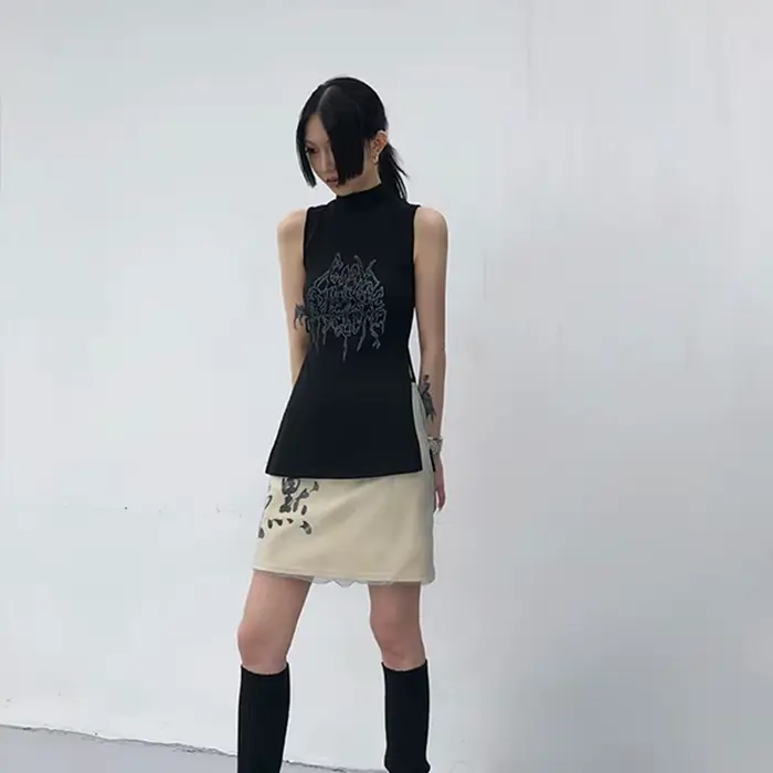 Karrcat Yamamoto Style débardeur noir Grunge gothique col roulé hauts Cyber Y2k Chic vêtements de cr