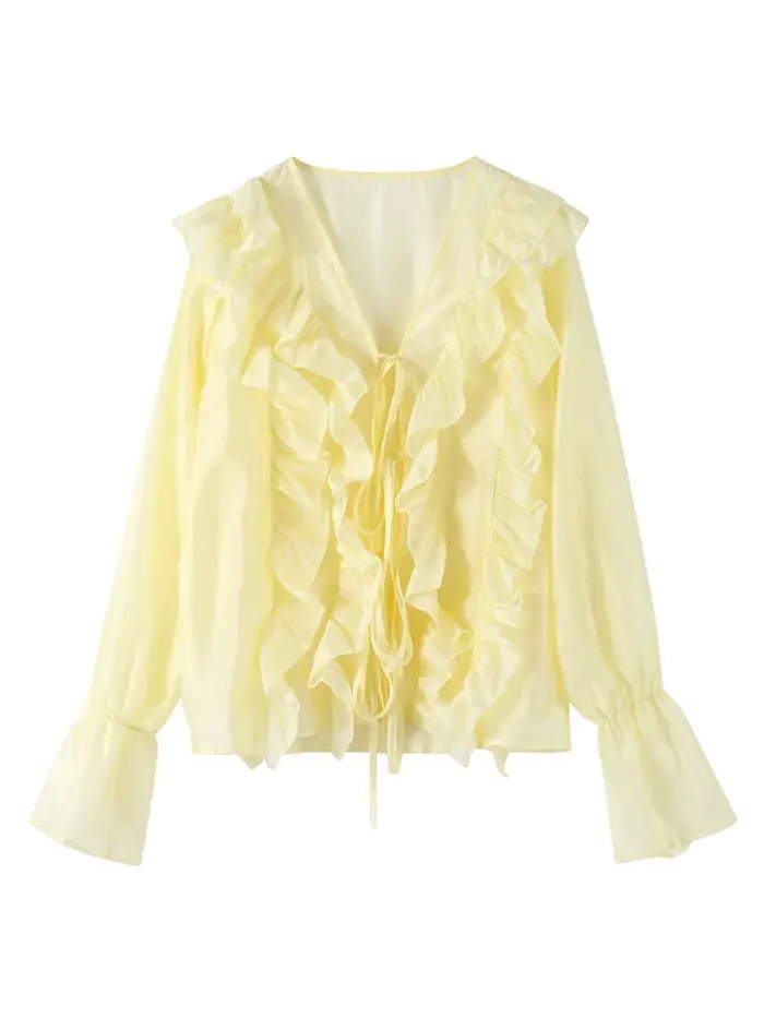 Chemises pour femmes Chic à volants creux à lacets en mousseline de soie col en v manches évasées Blouse femme 2025 printemps nouveau élégant solide dame vêtements d'extérieur