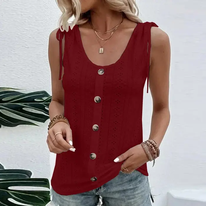T-Shirt col rond femme, estival et décontracté, avec boutons solides, à la mode, 2024