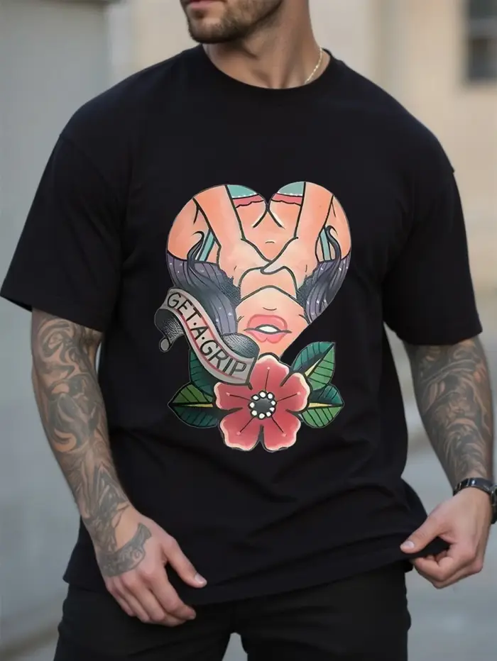 T-shirt graphique noir pour hommes - Texte de lèvres audacieuses et de poignée en coeur Design T-shi