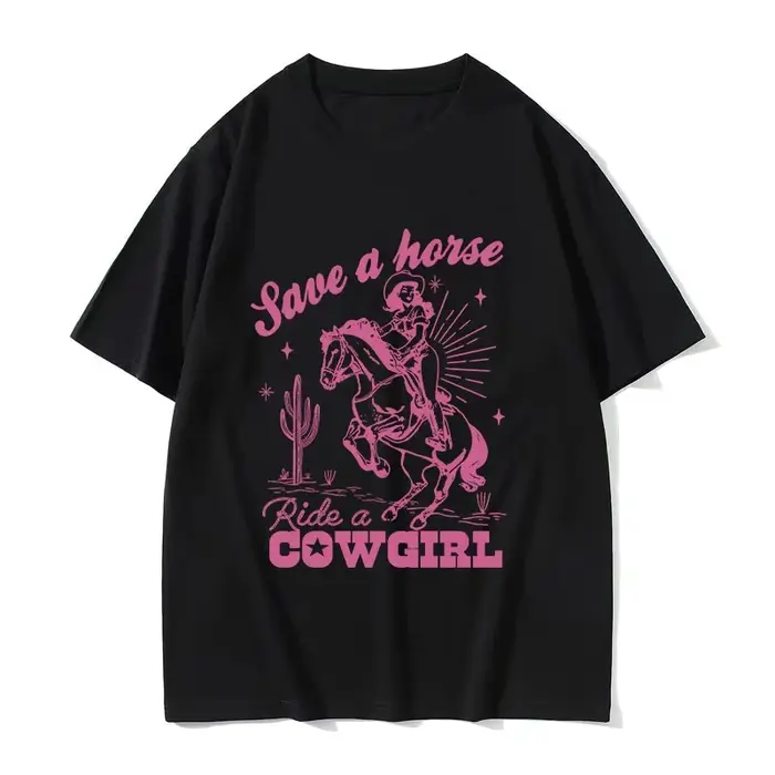 Save A Horse Ride A Cowgirl Imprimé T-shirt Hommes Femmes Rétro Esthétique Mode T-shirts Décontracté Surdimensionné