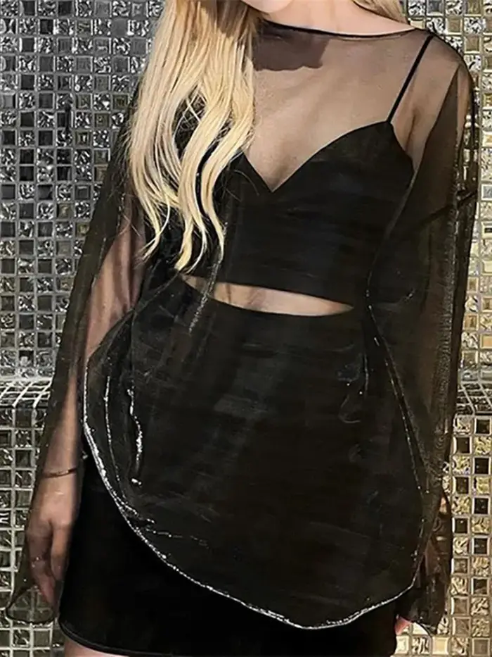 T-shirt transparent à manches longues et col rond pour femme