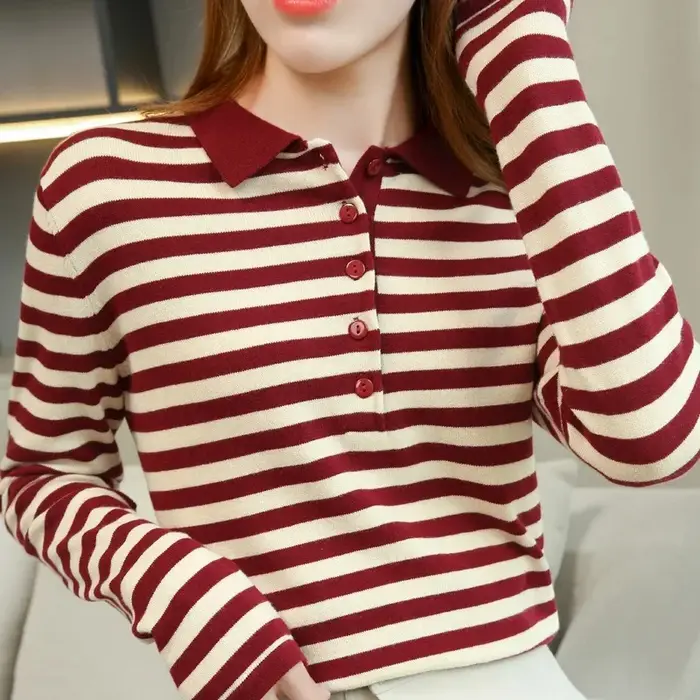 Chemise à rayures pour femmes, col polo, manches longues, t-shirt en coton tricoté ample, tendance p