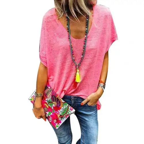 T-Shirt ample femmes surdimensionné couleur bonbon col en V dames sweat à manches courtes