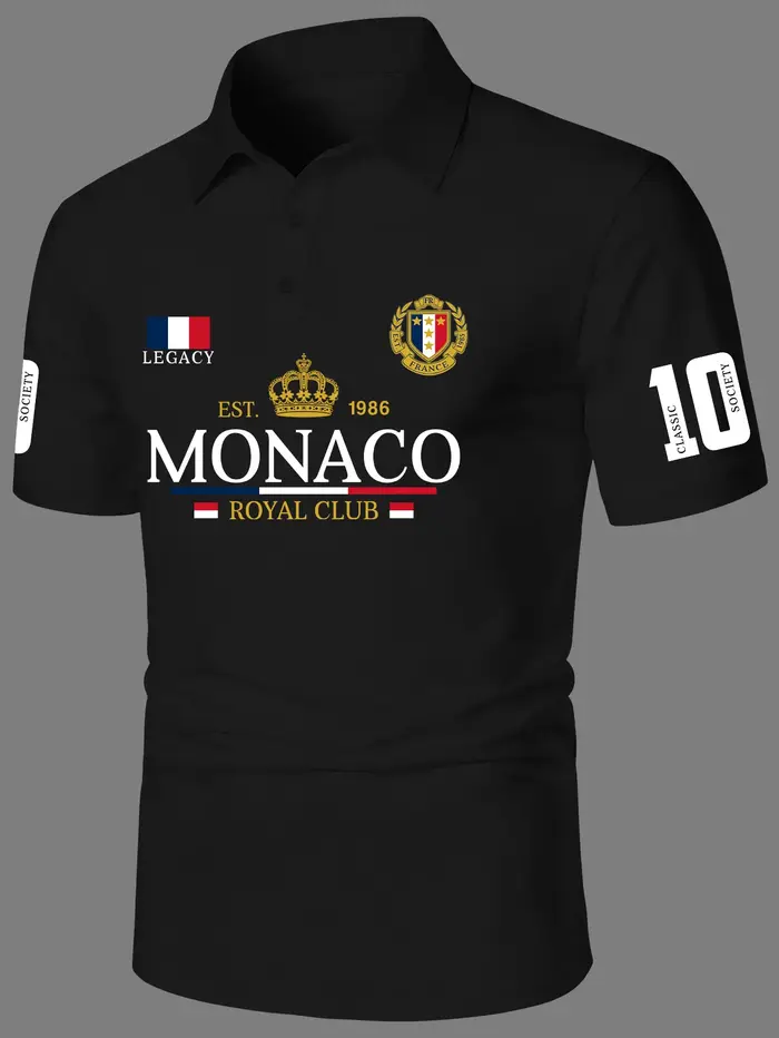 Polo imprimé pour homme, motif de luxe Monaco Royal Club, coupe ample, col à revers, haut décontract