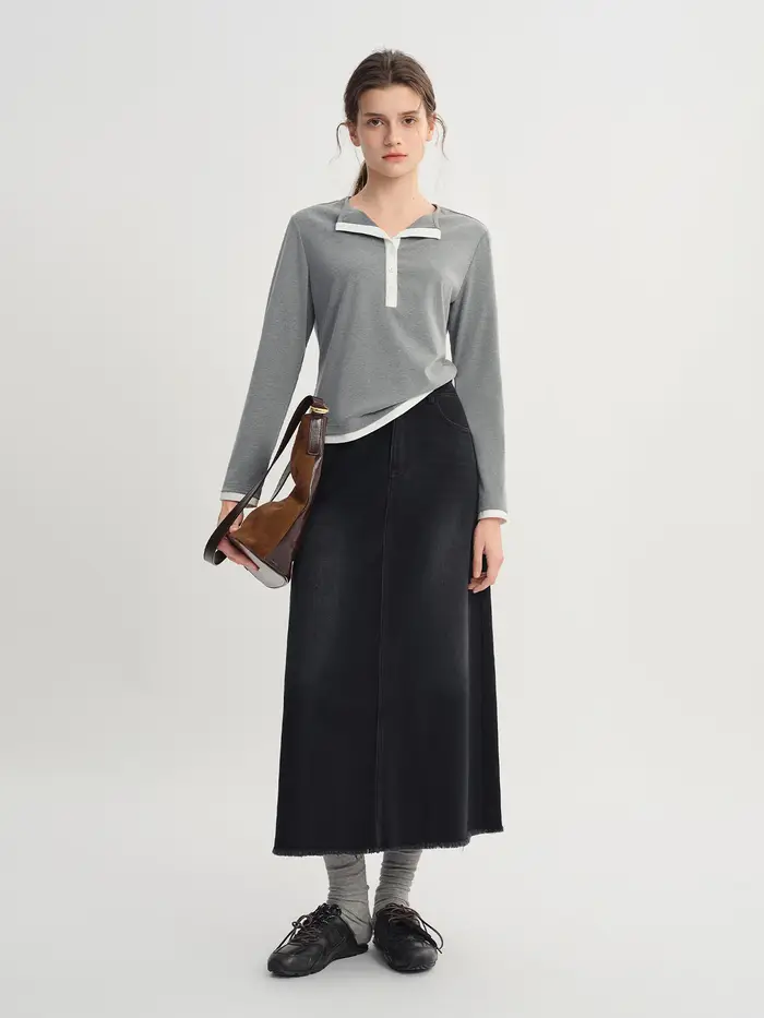 DUSHU automne 2025 T-Shirt à manches longues pour femmes-haut à col Henley à blocs de couleurs contr