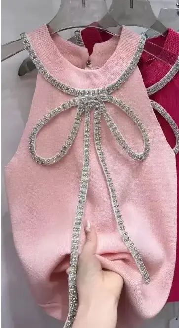 Top en maille sans manches à nœud papillon en diamants de luxe