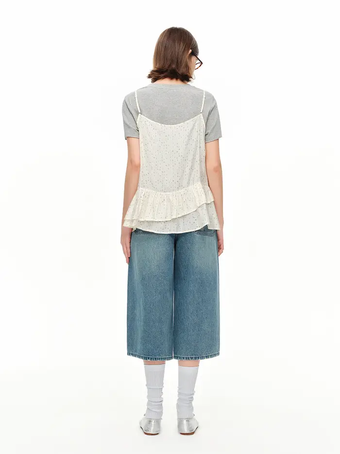 DUSHU Haut cache-cœur floral style coréen bleu clair, nouvelle collection été 2026, superposé, épaul
