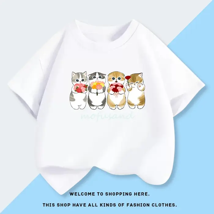 T-shirt à manches courtes confortable en coton avec imprimé de dessin animé de chat Mofusand, nouvel