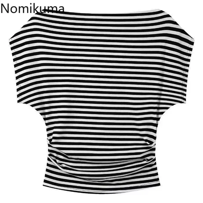 2025 vêtements pour femmes rayé t-shirts à manches courtes Slash cou décontracté Camisetas Ropa Mujer mode été