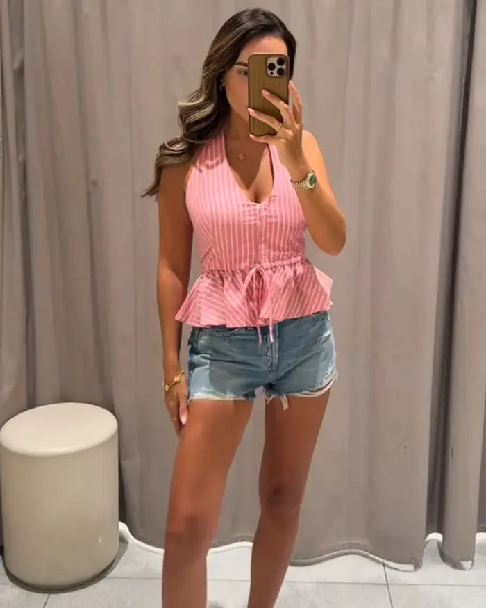Haut pour femme 2026 Nouvelle Collection Été Col V Rayé Halter Chic et Élégant Style Vacances