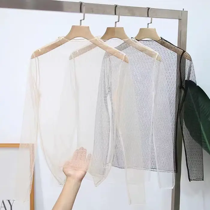 Sexy voir à travers les hauts femmes Transparent à manches longues dentelle T-shirt maille Tulles