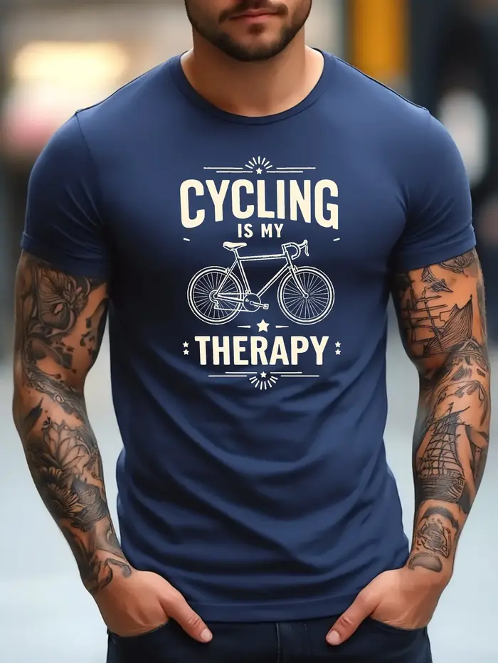 T-shirt pour hommes « Le cyclisme est ma thérapie » avec imprimé vélo, décontracté, à manches courte