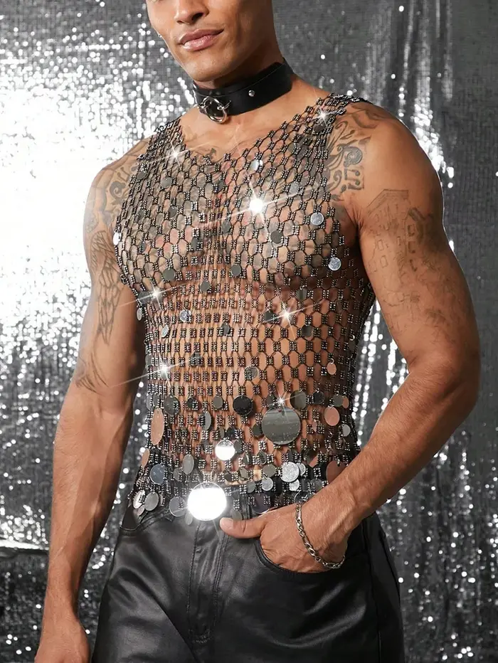 Débardeurs hommes strass résille brillant haut musculaire homme voir à travers gilet rond paillettes sans manches T-Shirt fête discothèque vêtement