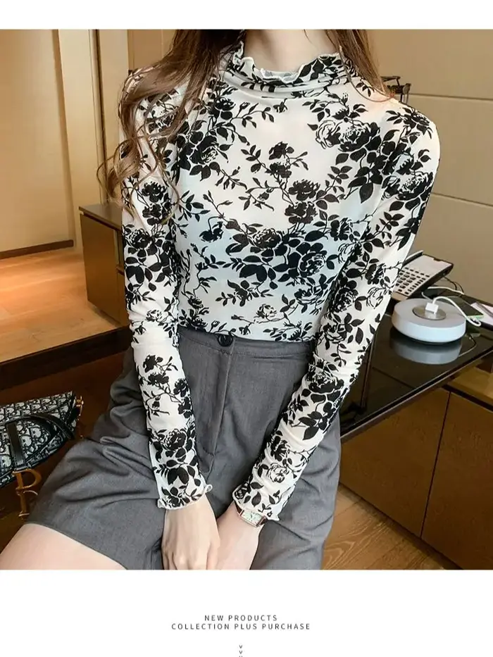 Taille M-XXXL Transparent flocage maille T-shirt femmes col roulé mince à manches longues t-shirts filles élastiques