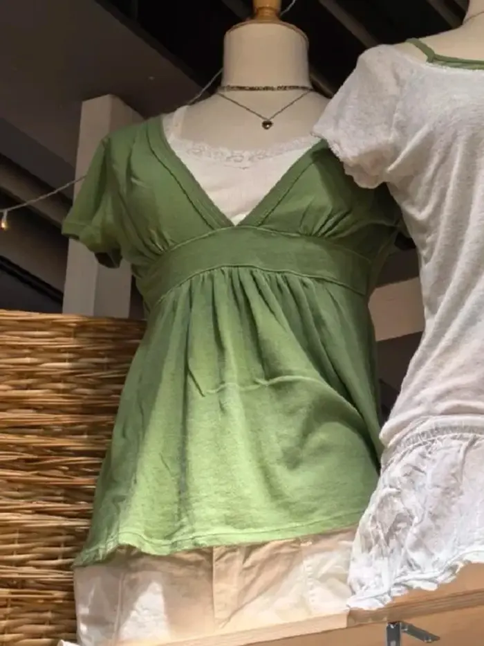 T-shirts décontractés en coton à col en V profond turquoise pour femmes