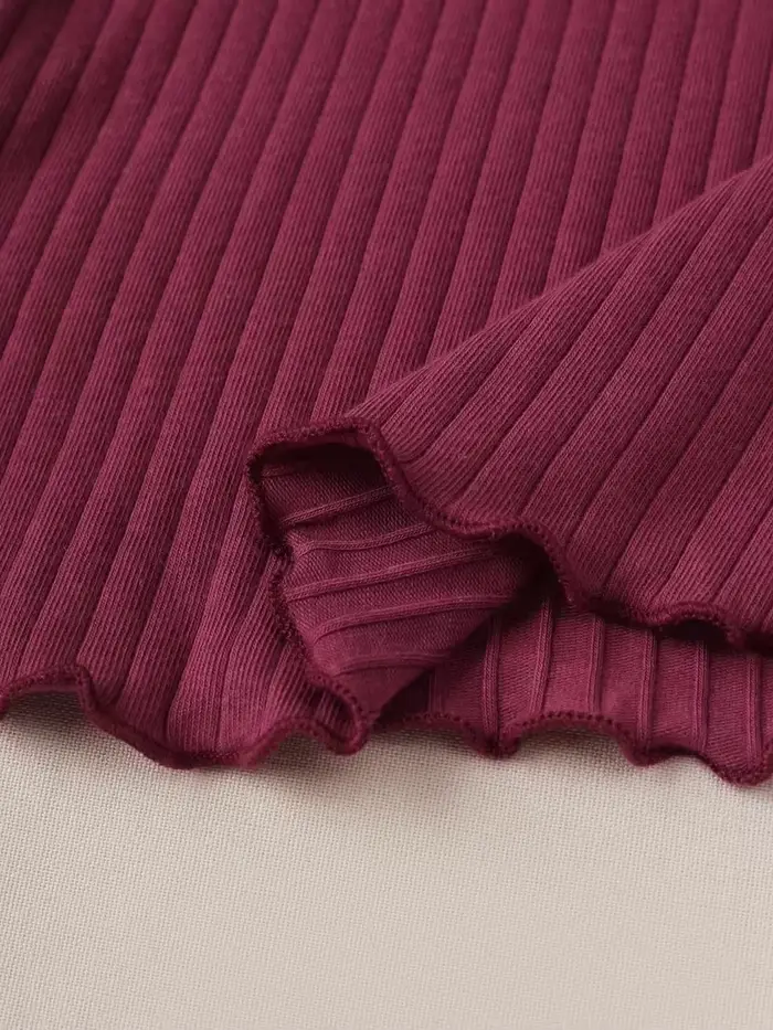 T-shirt côtelé bordeaux uni à manches courtes pour femme